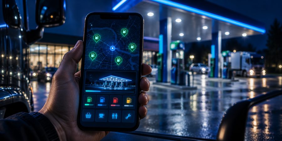 Смартфон в руке водителя на АЗС: ближайшие станции на карте и карточка станции с ценами