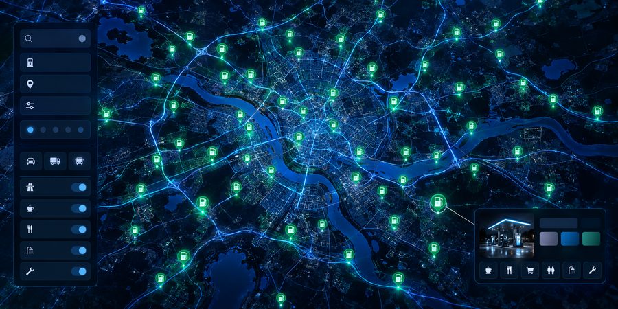 Экран геосервиса: карта города с плотной сетью значков АЗС, слева панель фильтров, справа карточка станции